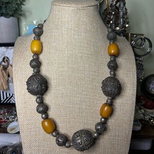 RARE Antique Yemen Silver Beads & Bakelite Amber Necklace